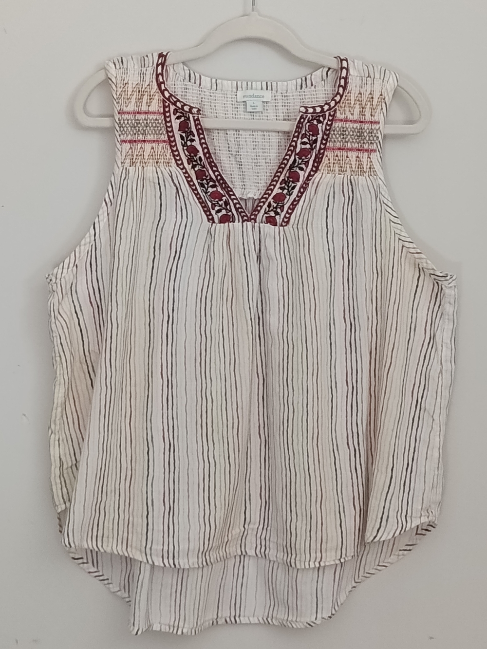 Sundance Ismene Striped Embroidered Rose Smocked V-Neck Sleeveless Tank Large